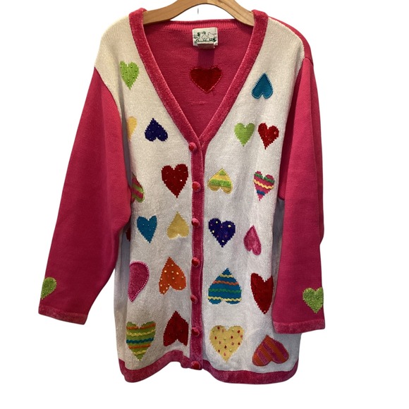 The Quacker Factory Sweaters - The Quacker Factory Womens Heart Sequin Cardigan Pink White Sweater 1X
